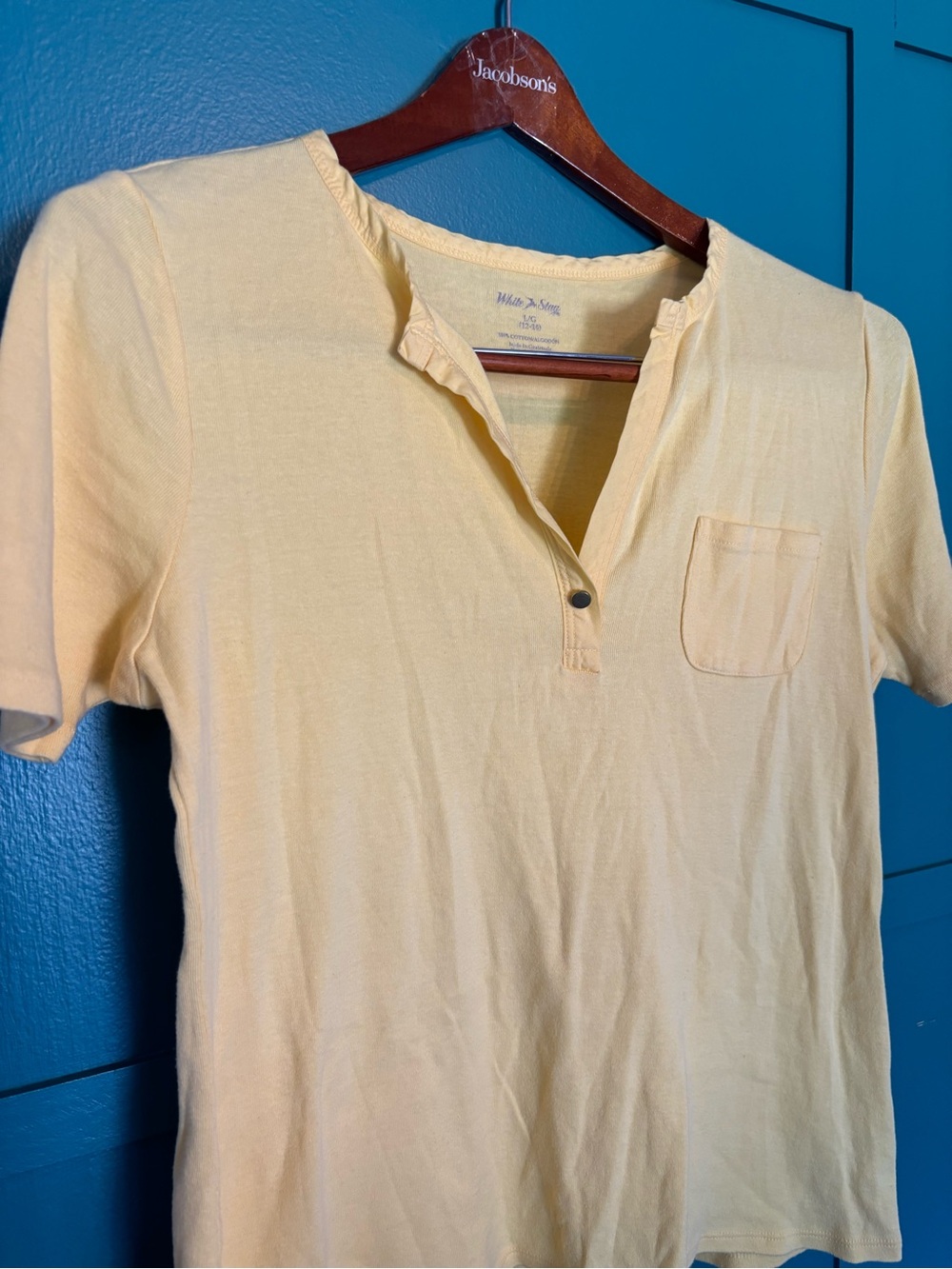 White Stag Pale Yellow Short Sleeve Henley 100% Cotton Size Large